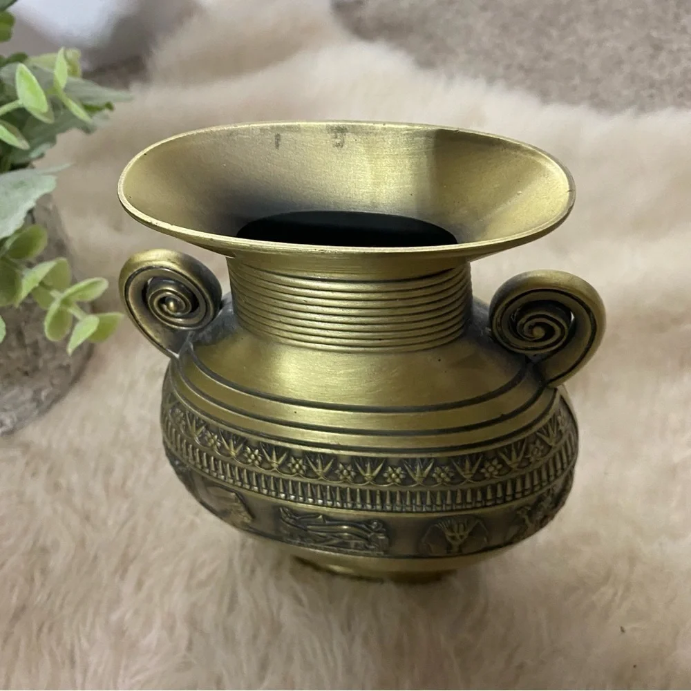 Vintage Unique Pewter Brass Colored Metalware Eclectic Egyptian Vase
